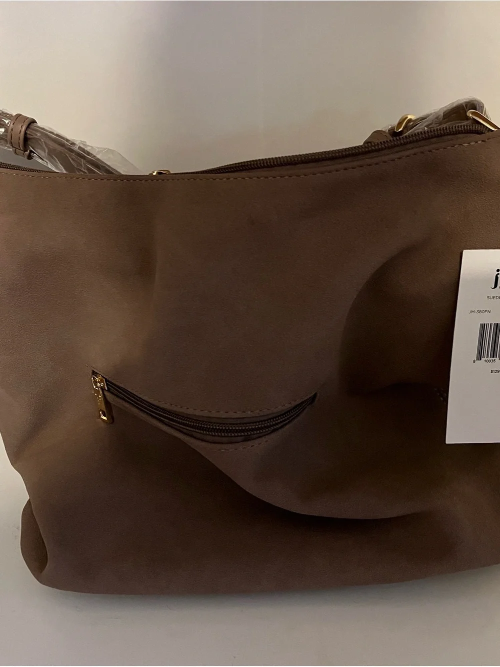Brown Suede Shoulder Bag with Front Zip Pocket - Unbranded